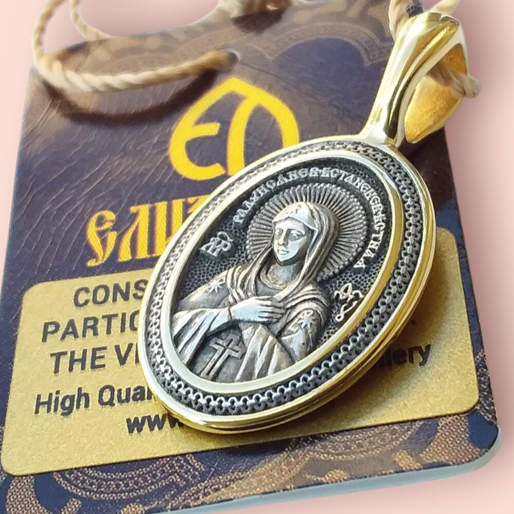 Orthodox Virgin Mary Pendant 925 Sterling Silver 24K Gold Plated Religious NEW - Picture 7 of 12